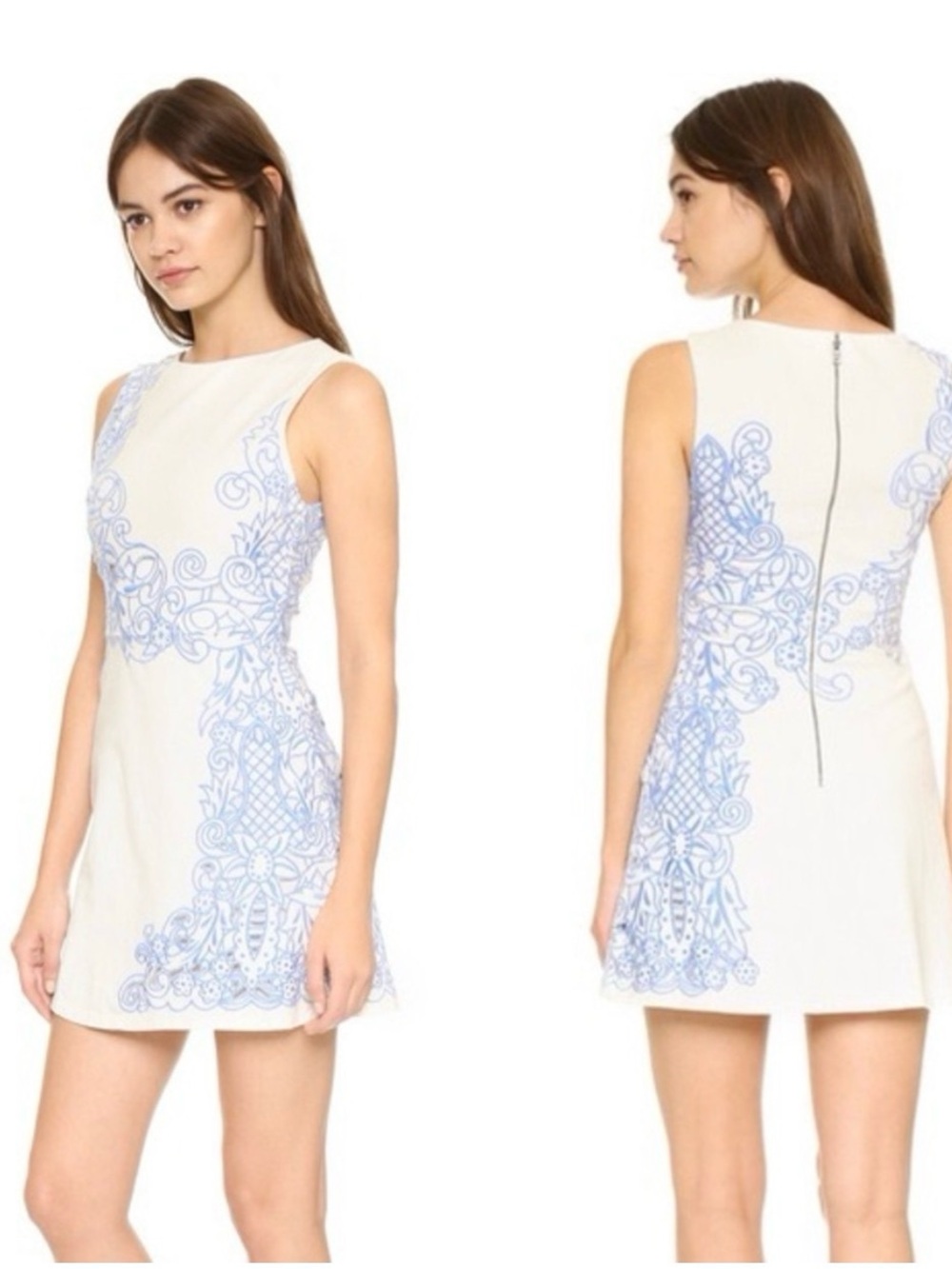 Alice + Olivia White Mini Dress with Blue Embroidered Motif - Picture 1 of 8